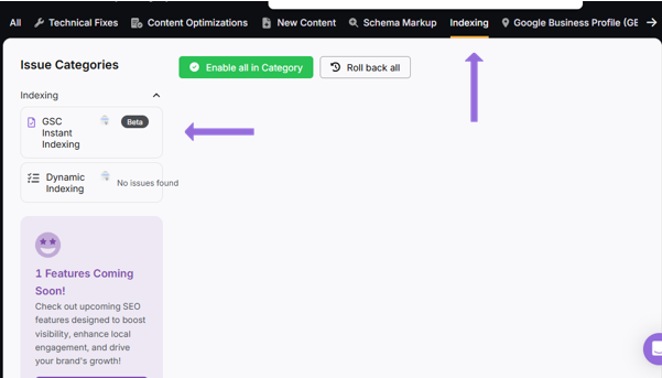 GSC instant indexing feature in OTTO SEO