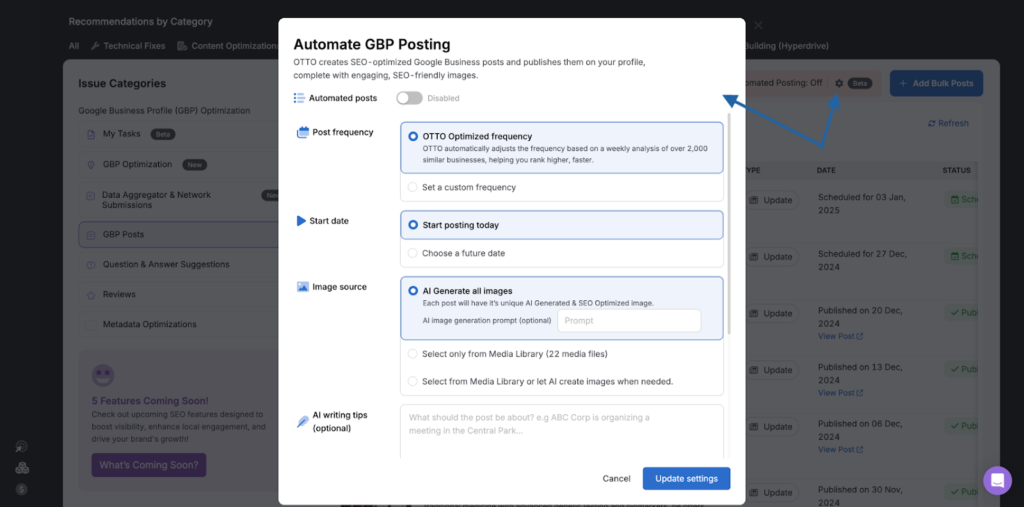 GBP posts feature in search atlas OTTO SEO