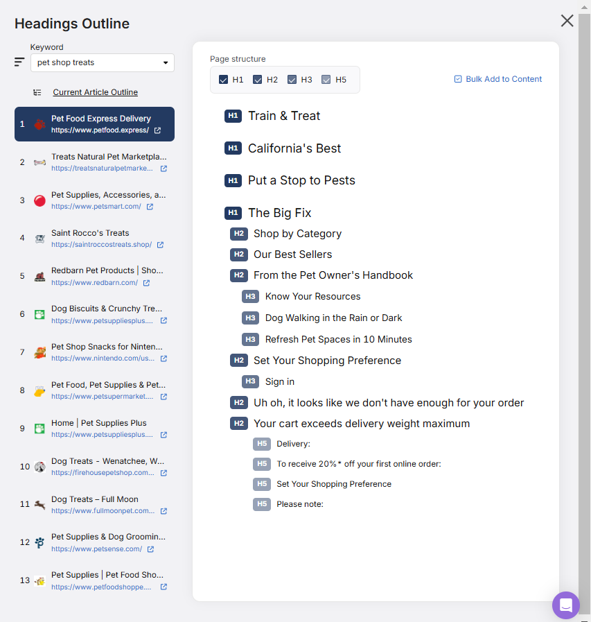 headings outline in content genius tool