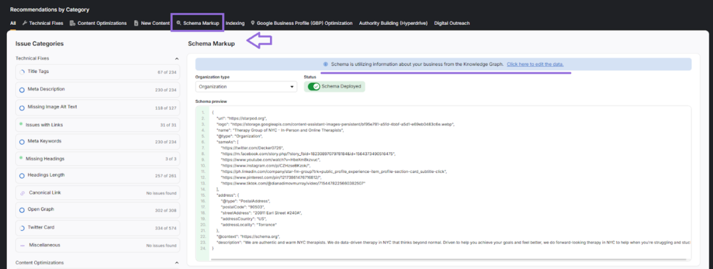 Schema markup for local business in search atlas OTTO SEO