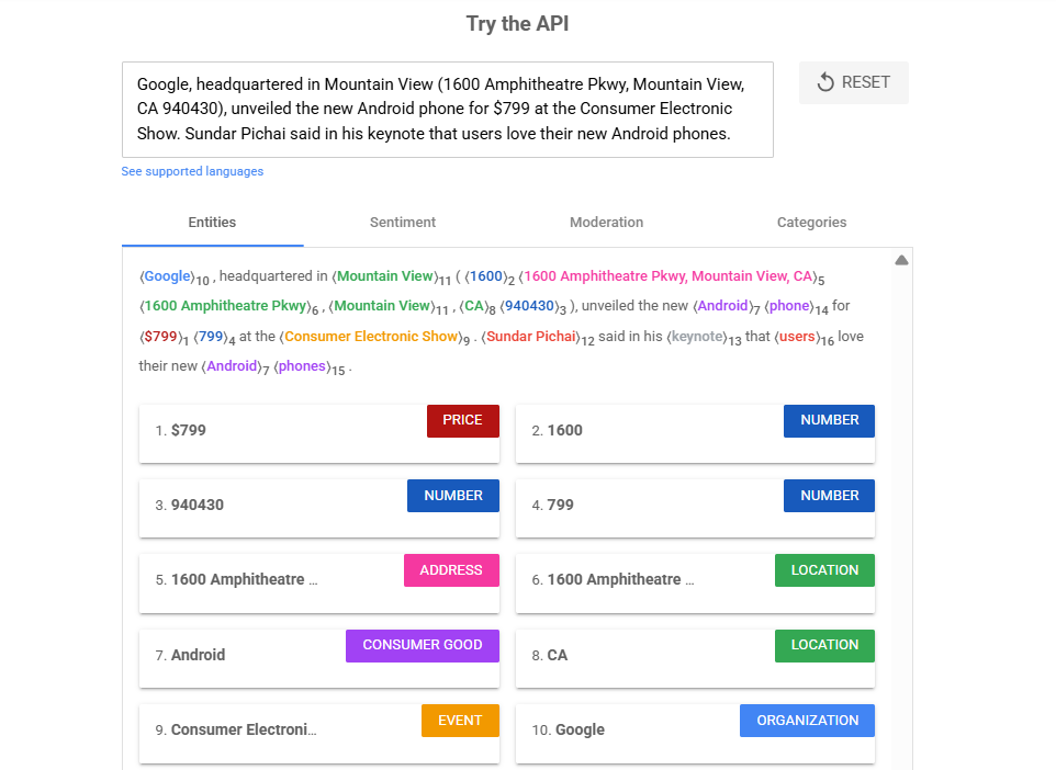 google API sentence analysis