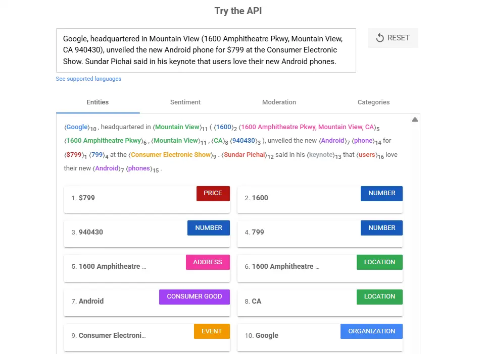 google API sentence analysis