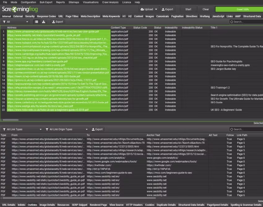 Screaming Frog SEO Spider crawl report displaying indexed PDF files with status codes, indexability, and metadata details