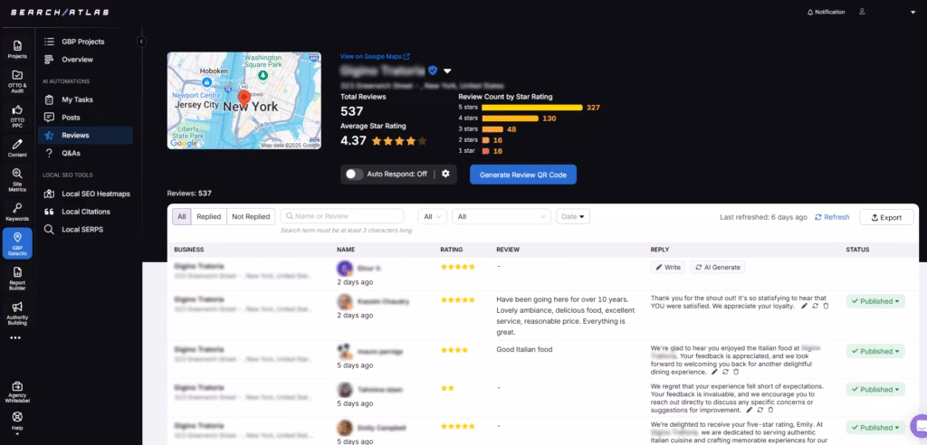 search atlas GBP galactic automatic reviews replies