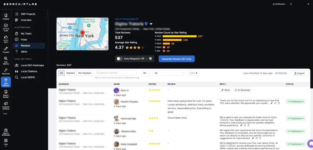 search atlas GBP galactic automatic reviews replies