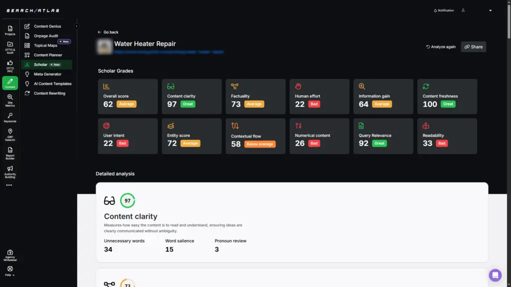 search atlas scholar example overall score content clarity factuality human effort information gain