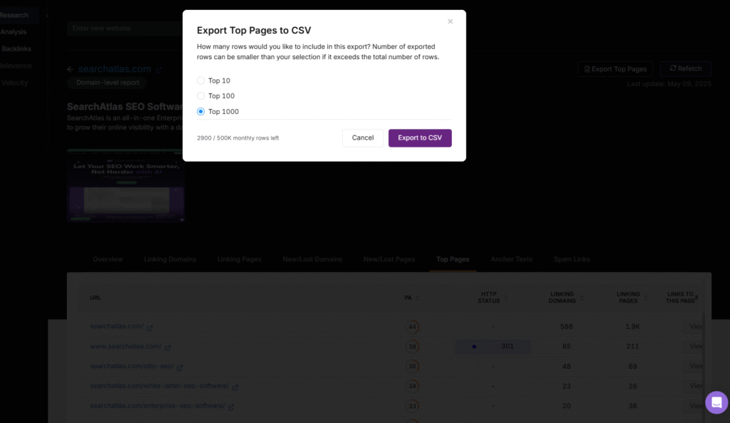 Backlink Analyzer Export Top Pages