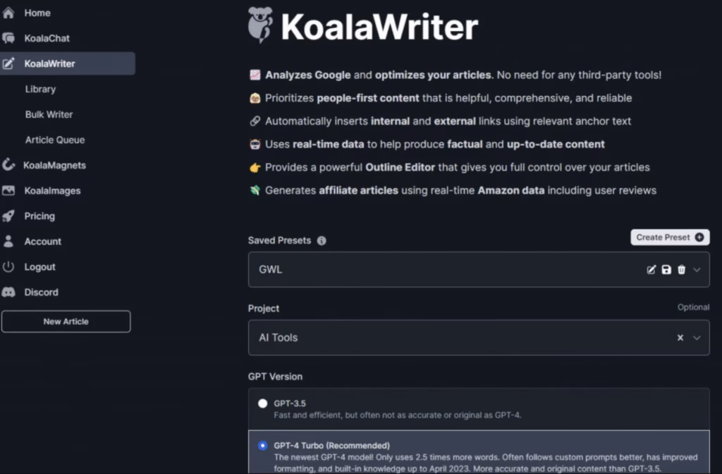 koala ai writer dashboard