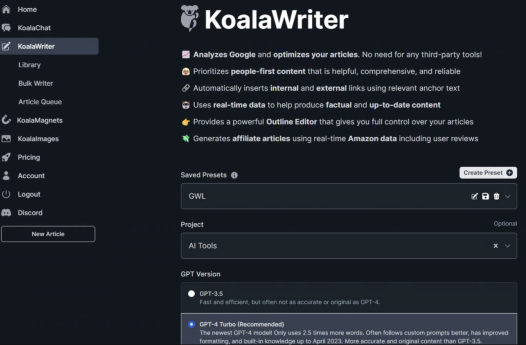 koala ai writer dashboard
