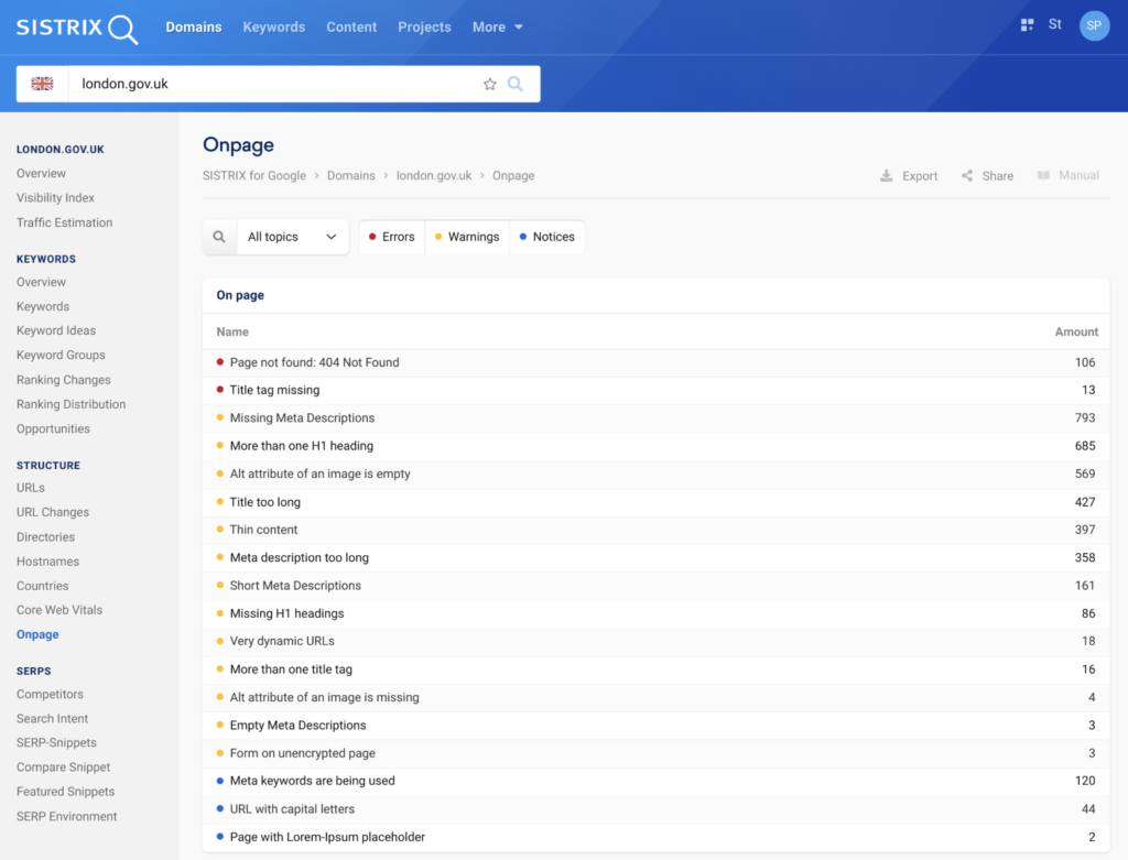Sistrix on-page SEO
