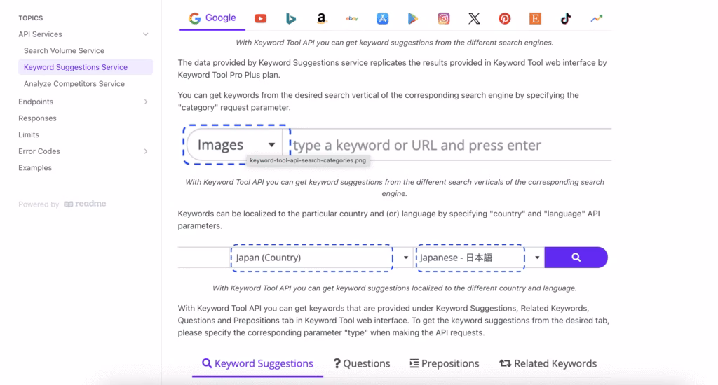 Keywordtool.io keyword research api