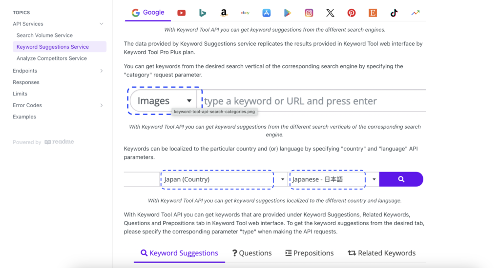 Keywordtool.io keyword research api