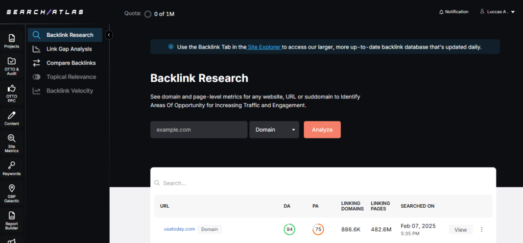 Search Atlas backlink research tool updated