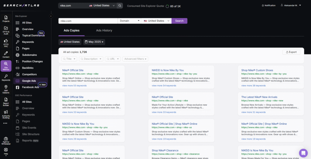 Site Explorer Google Ads Tab