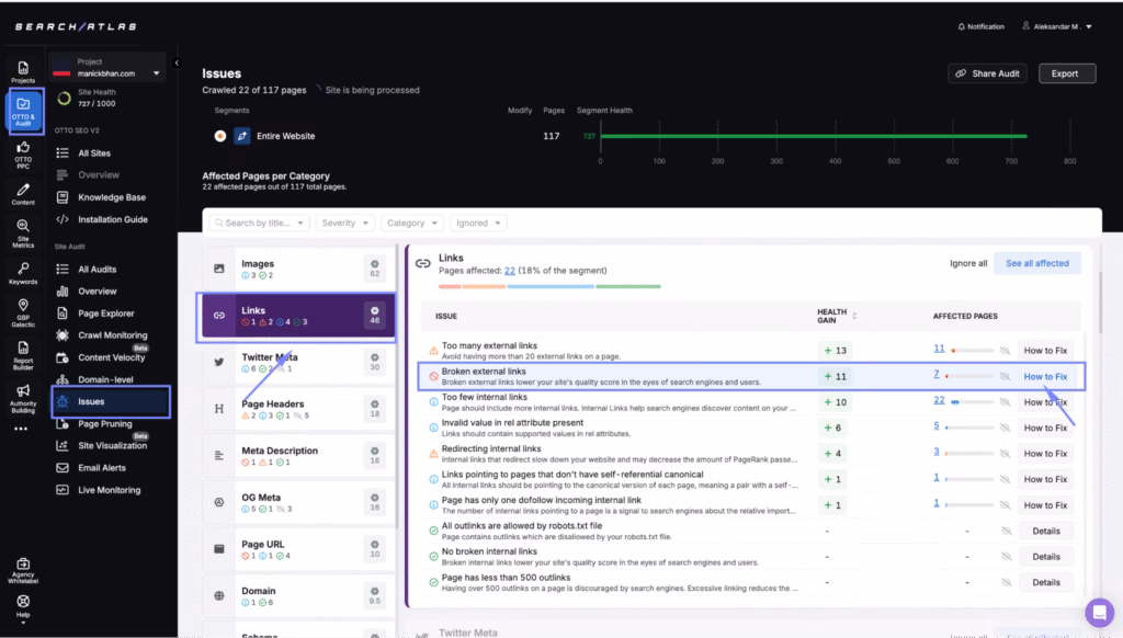 issues with links search atlas site audit tool