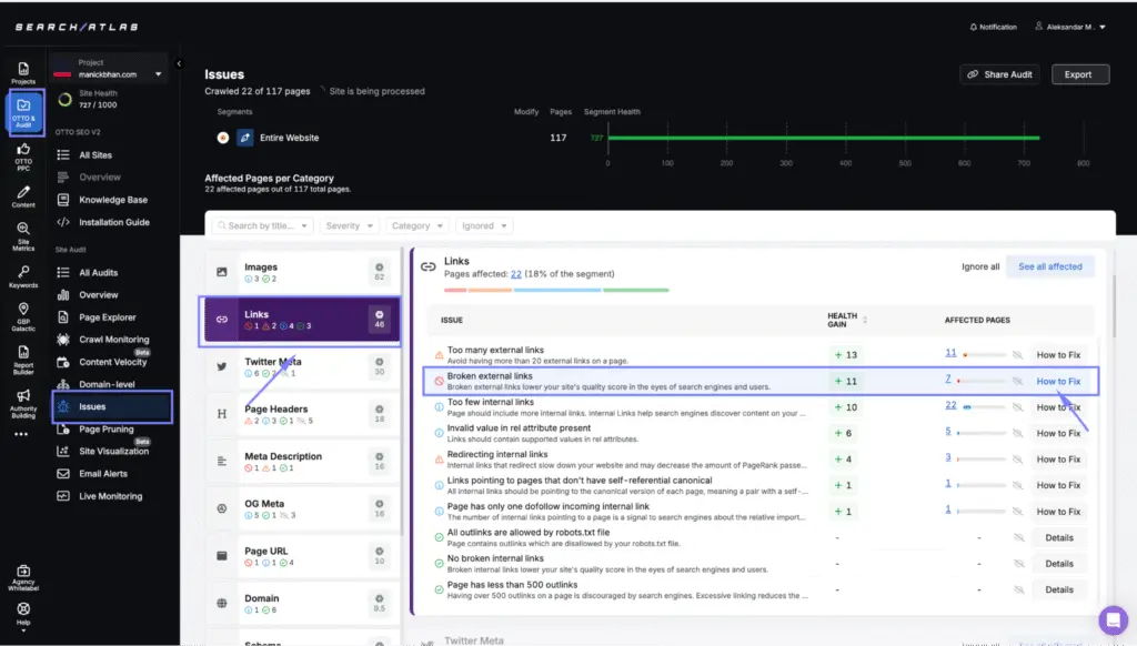 issues with links search atlas site audit tool