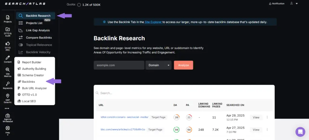 SEO reporting through the SA backlink research tool