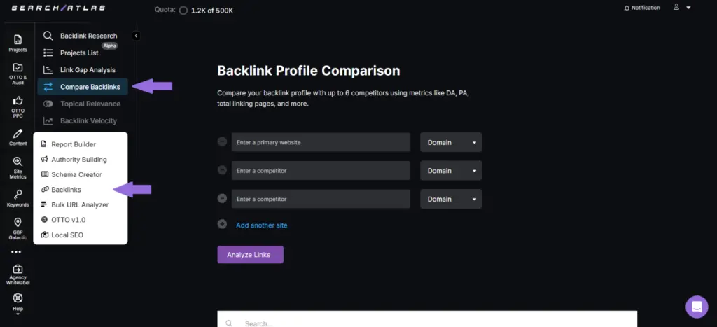 SA backlink comparison tool for analysing SEO