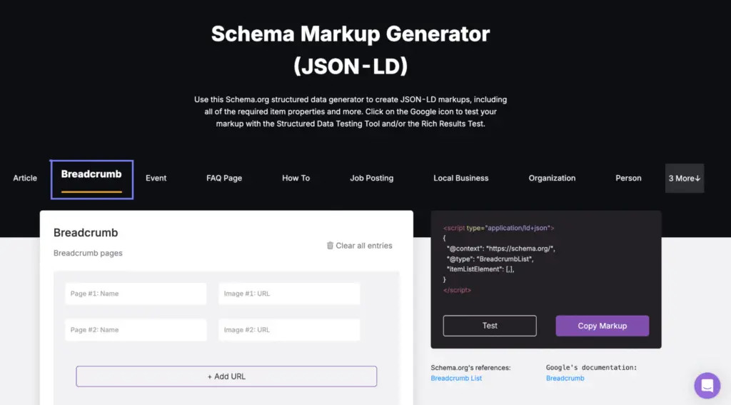 breadcrumbs schema markup generator search atlas