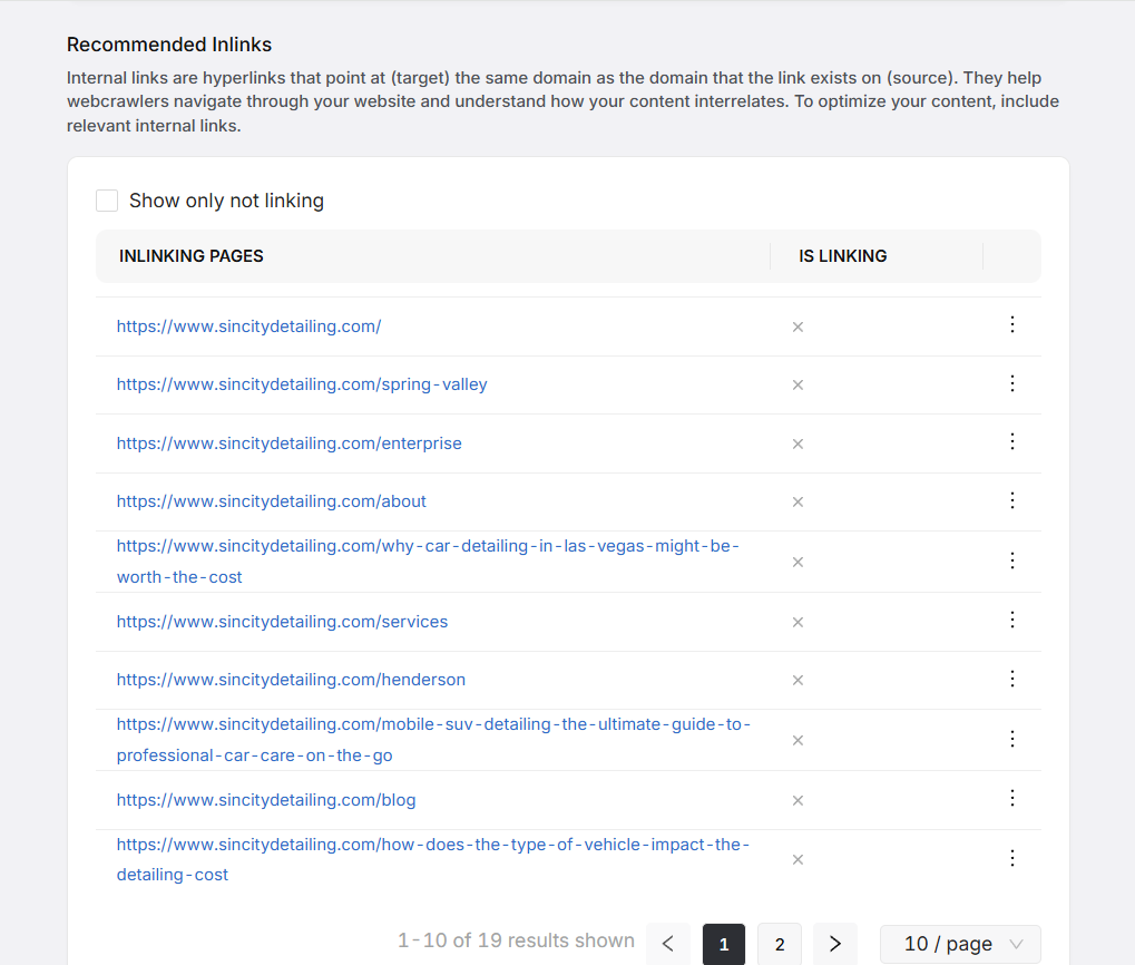 recommendations from SA on-page audit tool