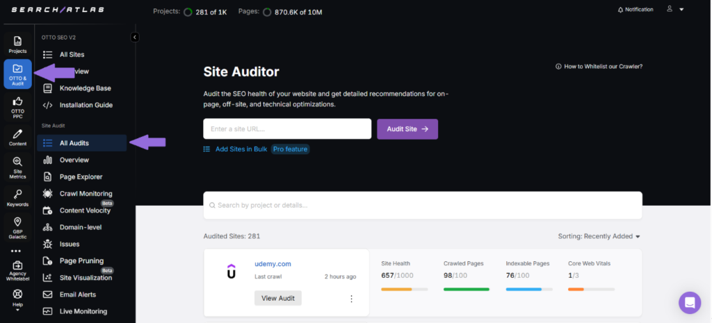 navigating to the site auditor tool