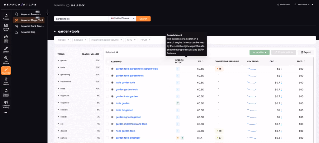 search intent in search atlas keyword magic tool