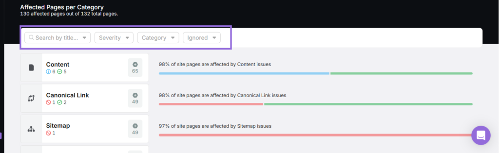 filtering options in SA site auditor