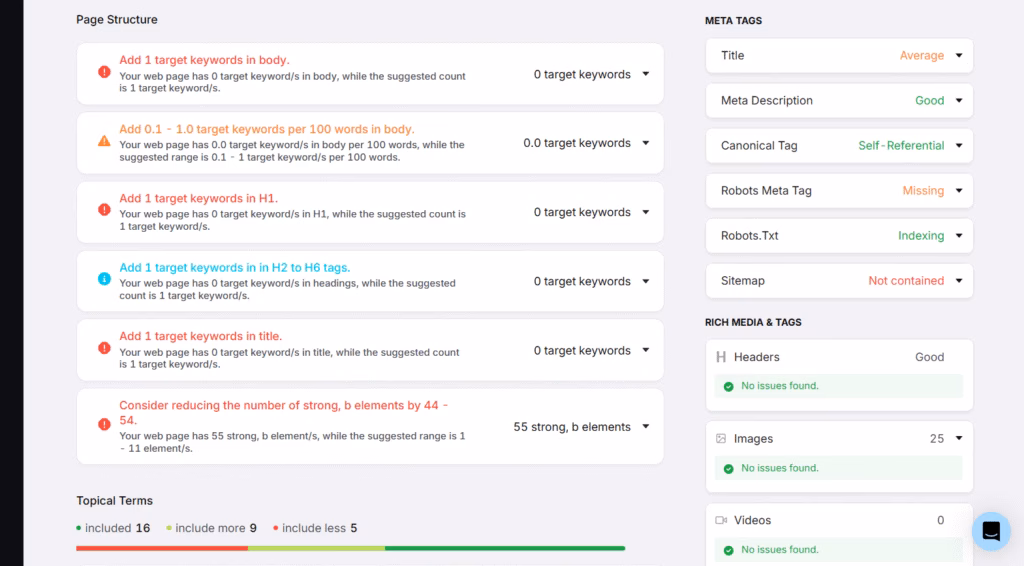 checking page structure using SA onpage audit tool