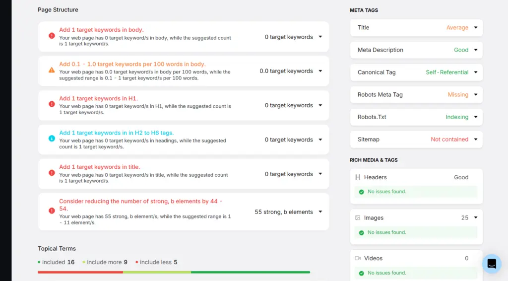 checking page structure using SA onpage audit tool