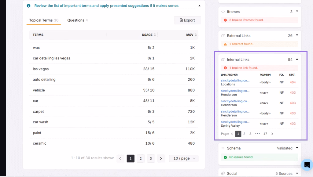 checking internal linking through SA onpage audit tool