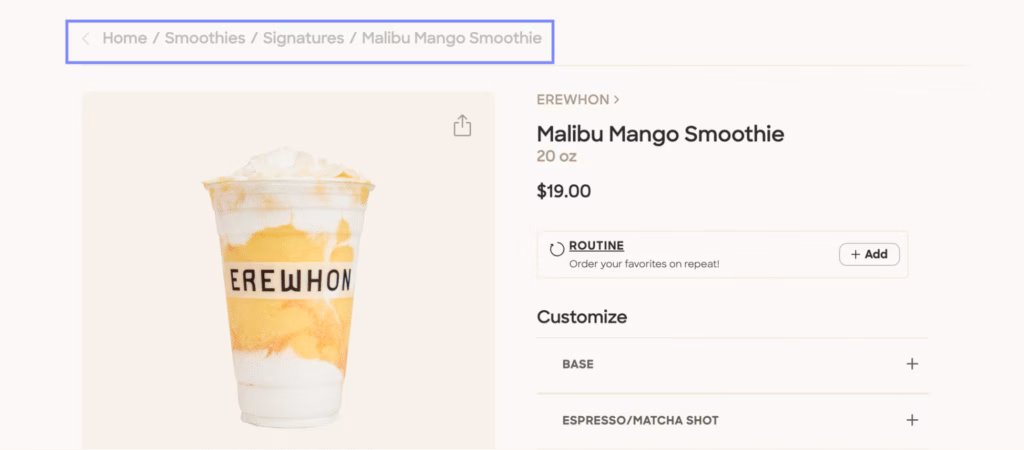 internal navigation ux on erewhon website