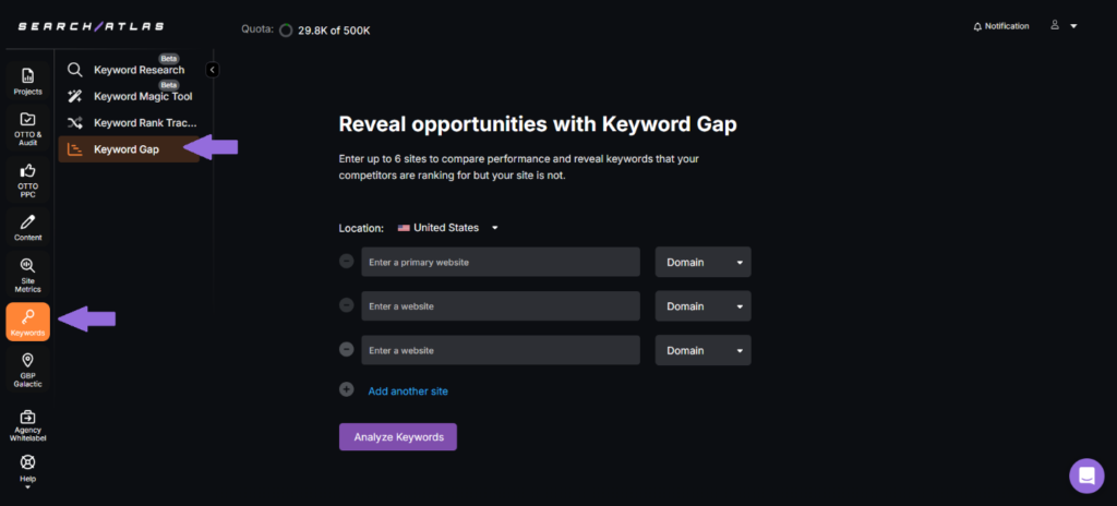 SA keyword gap tool