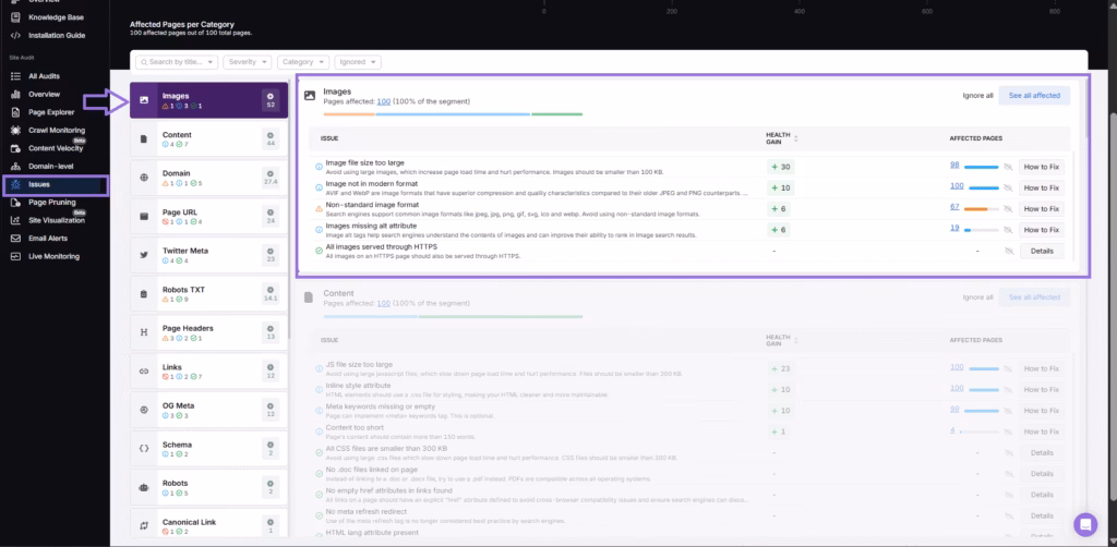 search atlas site audit tool images issues