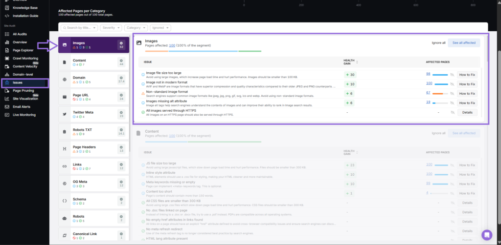 search atlas site audit tool images issues