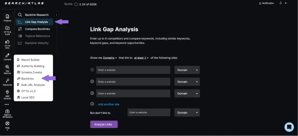 Analysing SEO using SA link gap tool