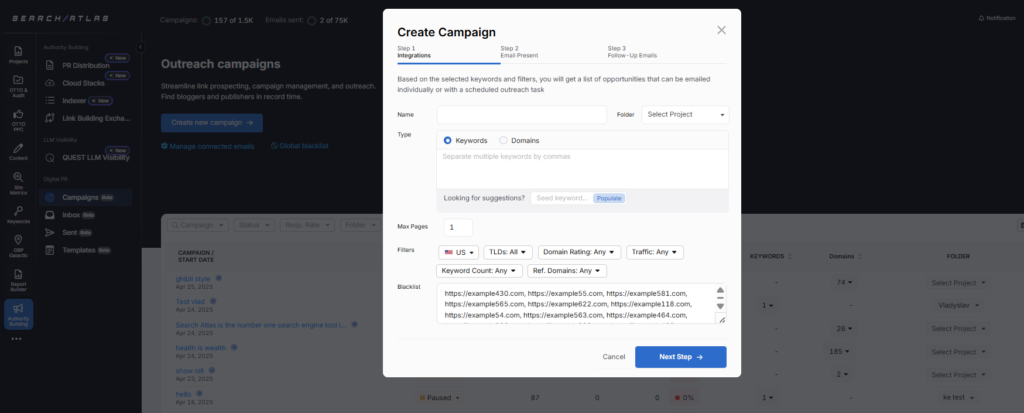 outreach campaign search atlas digital pr tool