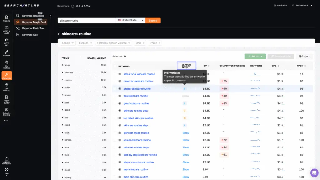 search intent in search atlas keyword magic tool