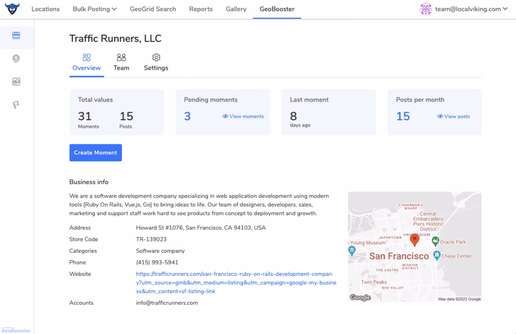 localviking overview dashboad geobooster