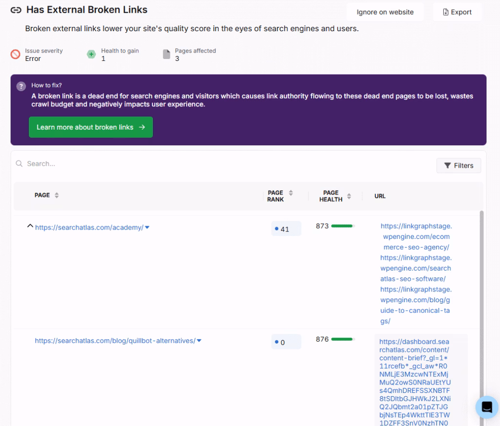 search atlas audit tool has external broken links