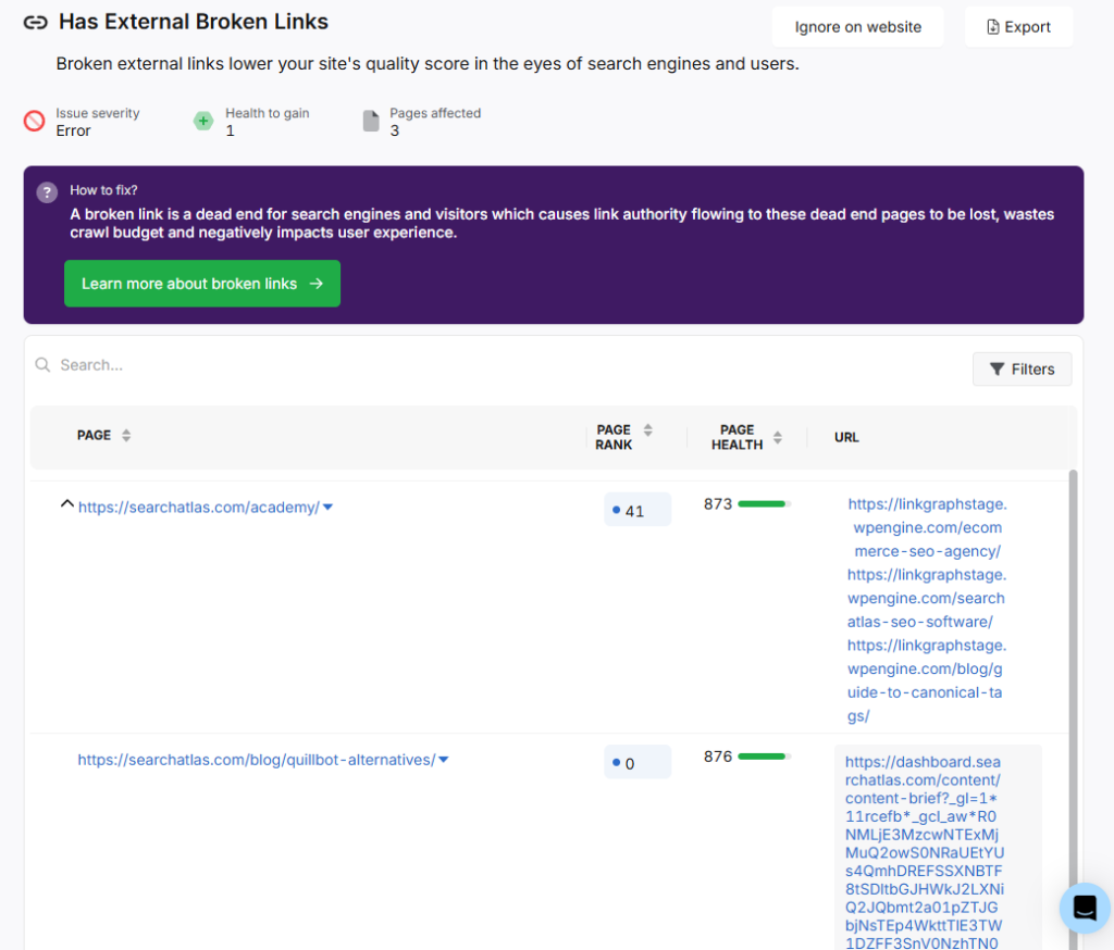 search atlas audit tool has external broken links