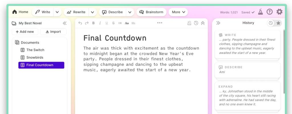 sudowrite writing dashboard editor