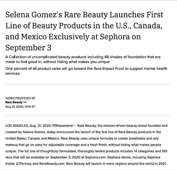 The Rare Beauty launch release shows this well