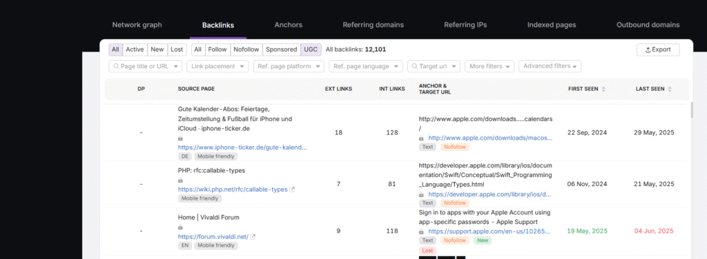 Backlink analysis in Site Explorer, UGC links