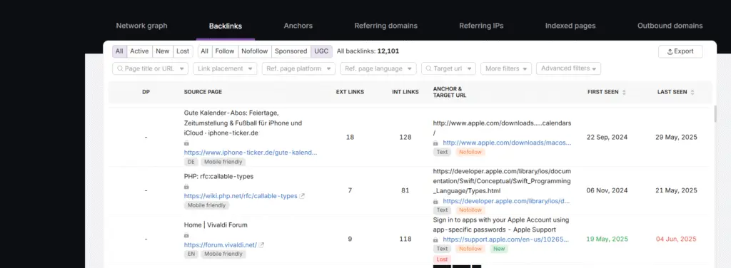 Backlink analysis in Site Explorer, UGC links