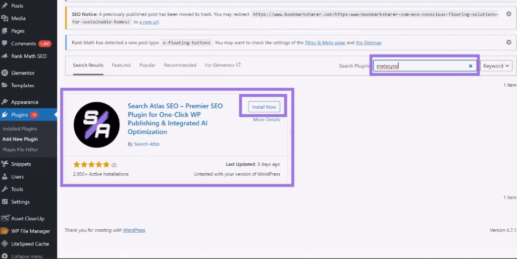 Installing searchatlas wordpress plugin step 2