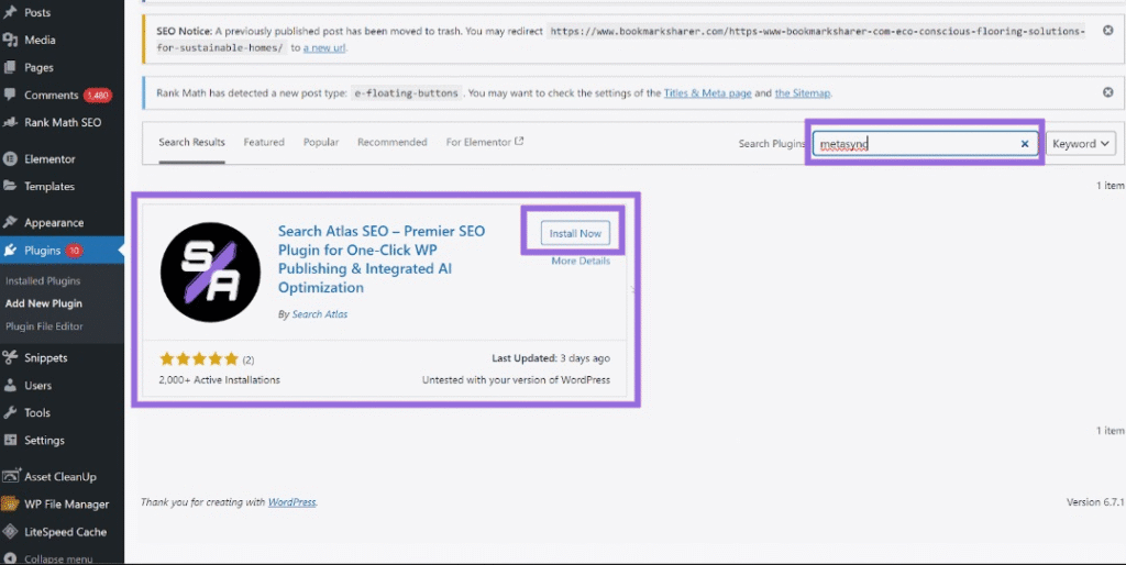 Installing searchatlas wordpress plugin step 2