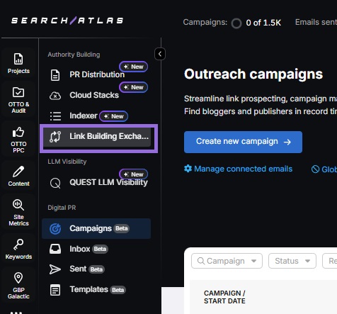 Link building exchange on Search Atlas step 1