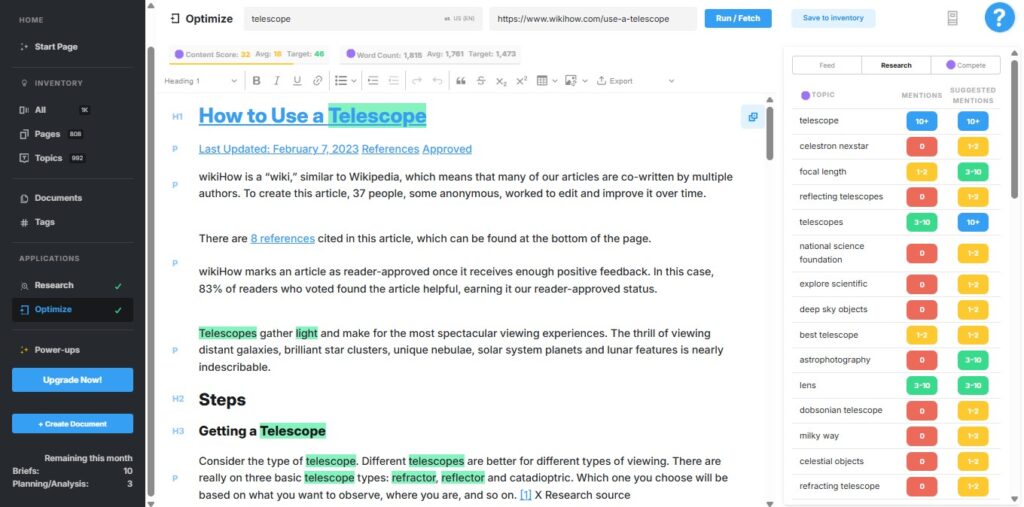 MarketMuse Optimize tool