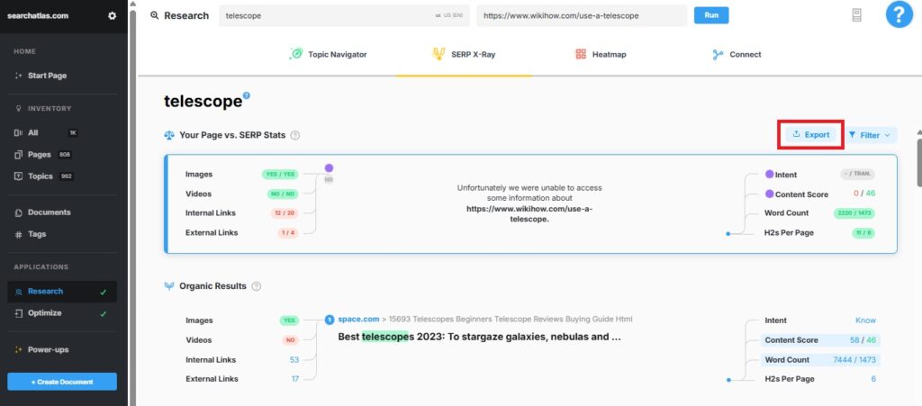 Marketmuse export report