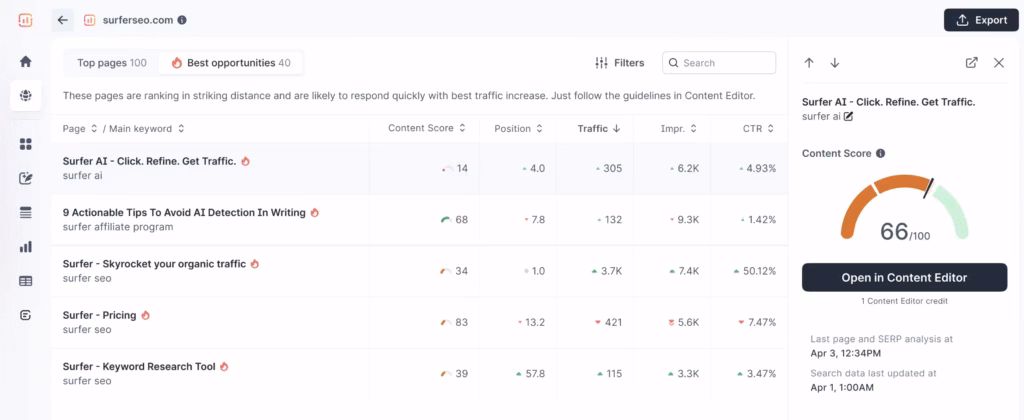 SurferSEO dashboard
